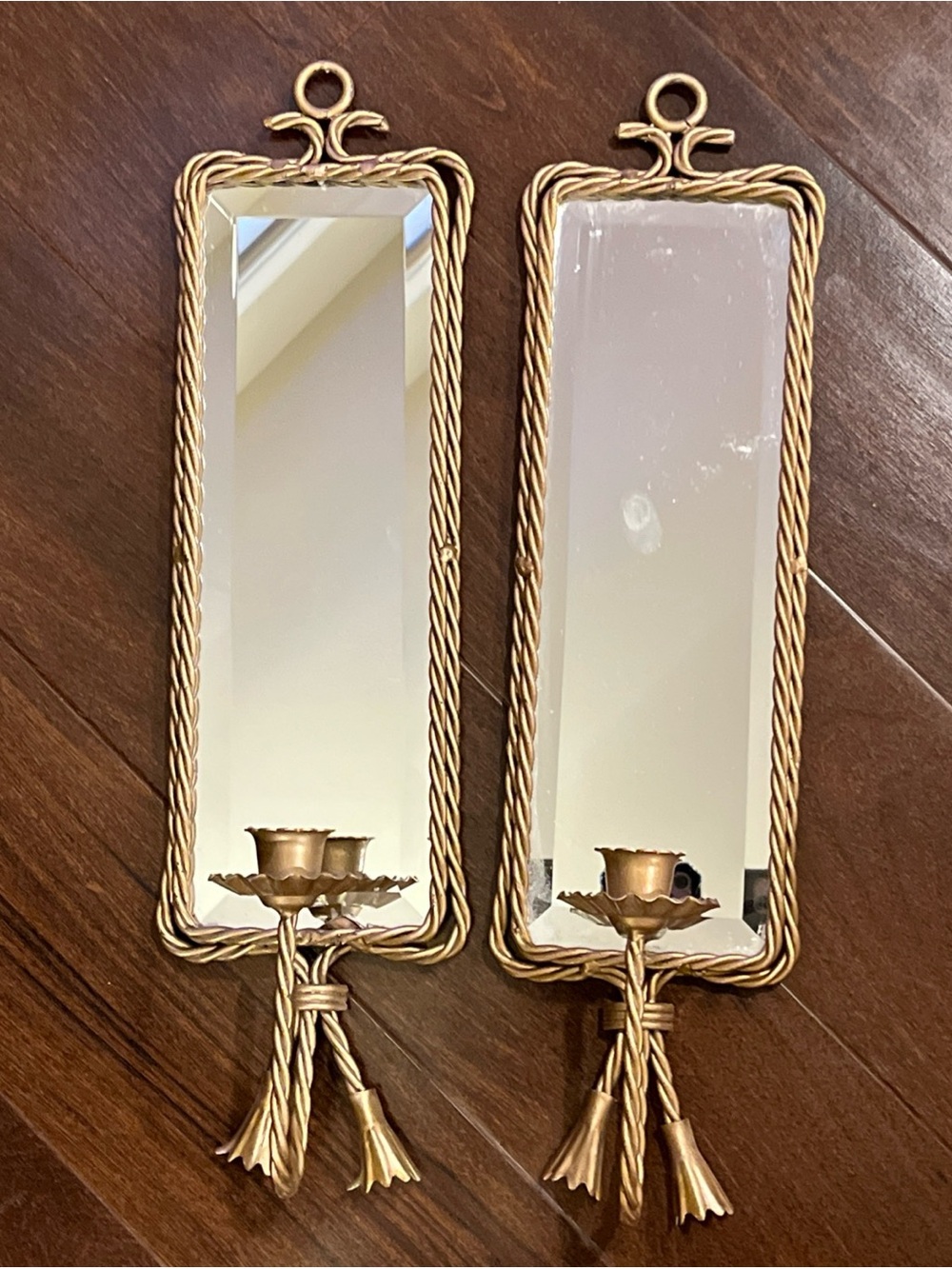 Gold Brass Rope-Trim Wall Mirrors with Candleholders - Set of 2